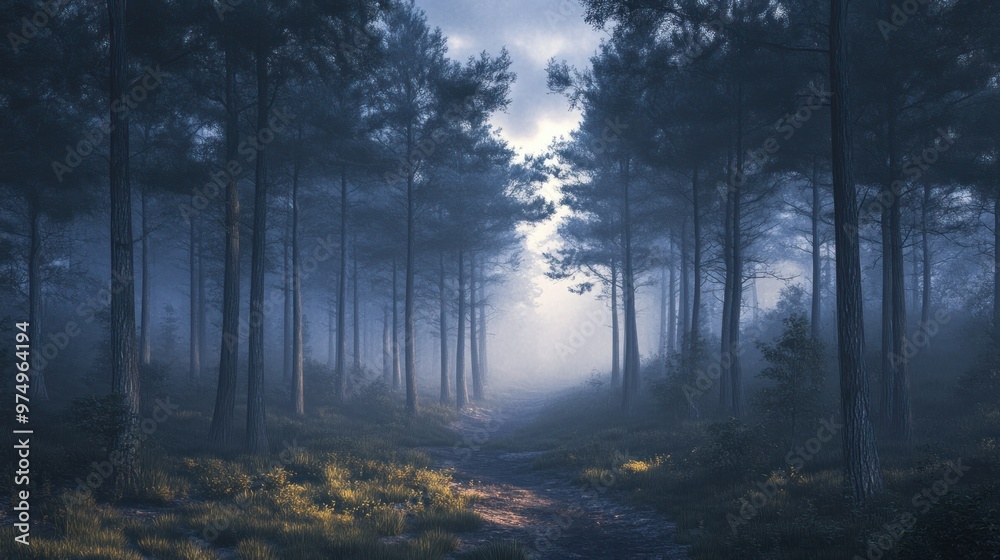 A Foggy Forest Path Leading to a Bright Opening A Foggy Forest Path Leading to a Bright Opening