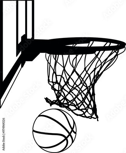 BASKETBALL SWISH Score, Orange Ball through a net, hoop rim, single line drawing, illustration, basket logo, Perfect for logos, cutting, printing, embroidery, EPS vector file