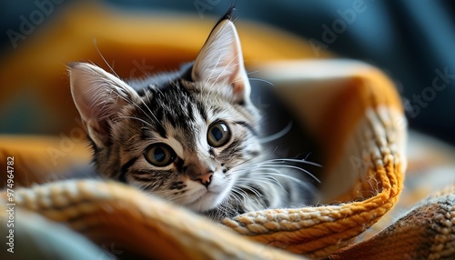 Adorable Cat Relaxing on Cozy Blanket, Perfect Portrait for Cat Lovers photo