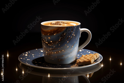 Hot coffee with a cosmic-themed mug and biscuit photo