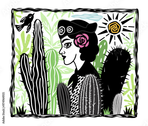 Maria Bonita. Folk heroine of Brazil. Brazilian cordel style. Northeast woodcut style