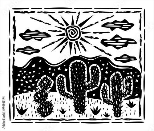 Brazilian cordel style. Landscape illustration. Woodcut style