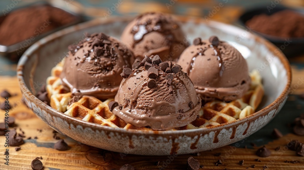 Delicious Chocolate Ice Cream with Waffle on White Background - Isolated Sweet Treat for Dessert Lovers Delicious Chocolate Ice Cream with Waffle on White Background - Isolated Sweet Treat for Dessert Lovers