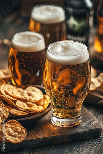 Three Glasses of Beer with Crackers on a Wooden Table