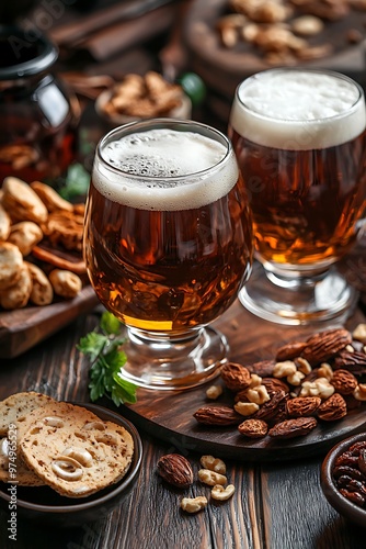 Two Glasses of Beer with Nuts and Crackers on a Wooden Table