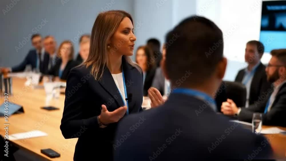 Confident woman leader at business conference in office environment Confident woman leader at business conference in office environment