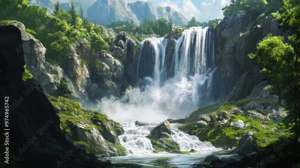 Fototapeta premium A Majestic Waterfall Cascading Through a Lush Mountain Valley