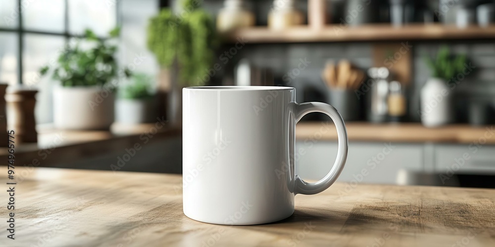 A clean, white mug placed on a wooden table, surrounded by greenery and a cozy kitchen atmosphere, perfect for branding or lifestyle images. A clean, white mug placed on a wooden table, surrounded by greenery and a cozy kitchen atmosphere, perfect for branding or lifestyle images.