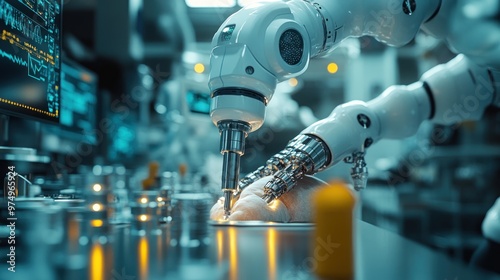 Industrial Robot Arm Assembling a Product on a Conveyor Belt