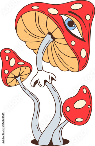 Cartoon retro groovy hippie mushrooms with eyes. Vector psychedelic one-eyed amanita fungus with vibrant red dotted cap and curved stem. Whimsical trippy alien fly agaric plant exuding nostalgic vibe