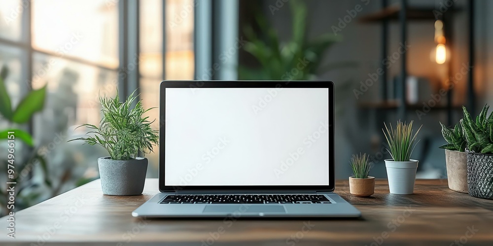 A modern workspace featuring a laptop on a wooden desk surrounded by potted plants and natural light, ideal for creative inspiration. A modern workspace featuring a laptop on a wooden desk surrounded by potted plants and natural light, ideal for creative inspiration.