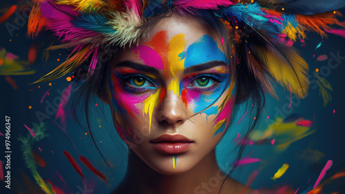 A woman with vibrant face paint and feathers, expressing creativity and boldness