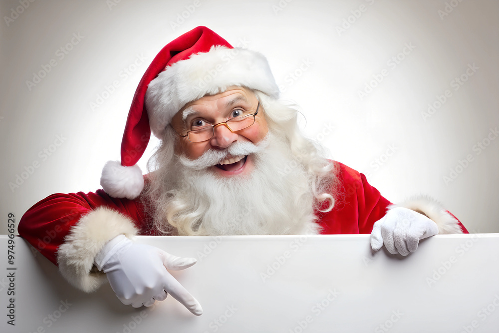 Smiling Santa Claus pointing on blank advertisement banner background with copy space Smiling Santa Claus pointing on blank advertisement banner background with copy space