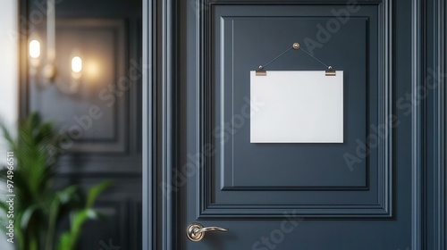 A stylish door with a blank sign hanging, set in a modern interior with elegant details and soft lighting. photo