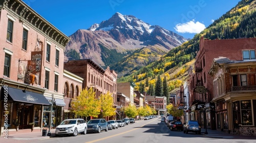 Fototapeta Naklejka Na Ścianę i Meble -  A picturesque street in Telluride, Colorado is lined with trees displaying vibrant autumn colors, while cars are parked along both sides and mountains rise in the background