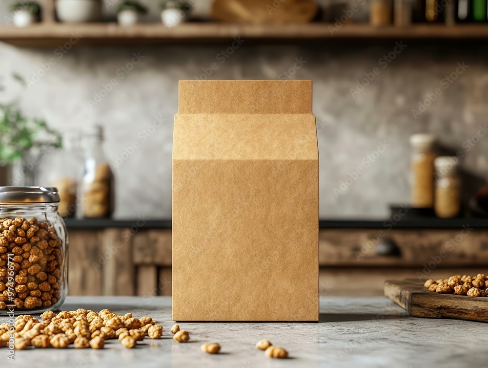 Empty kraft paper box on a kitchen counter, surrounded by nuts and jars, perfect for packaging or storage ideas. Empty kraft paper box on a kitchen counter, surrounded by nuts and jars, perfect for packaging or storage ideas.
