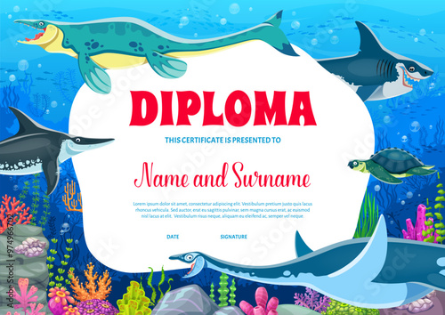 Kids diploma with underwater prehistoric dinosaurs. Colorful vector school or paleontology classes certificate features ancient marine creatures in ocean background with coral reefs and aquatic plants
