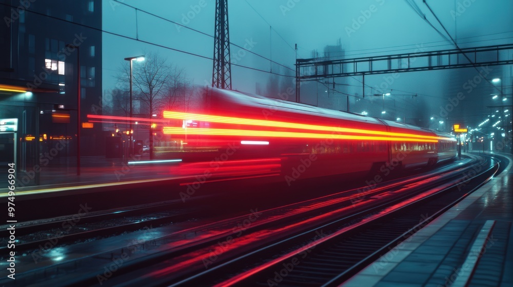 A train speeding through a station, with blurred motion and long exposure, electric energy, the scene features red and yellow lights, with the city center in the background A train speeding through a station, with blurred motion and long exposure, electric energy, the scene features red and yellow lights, with the city center in the background