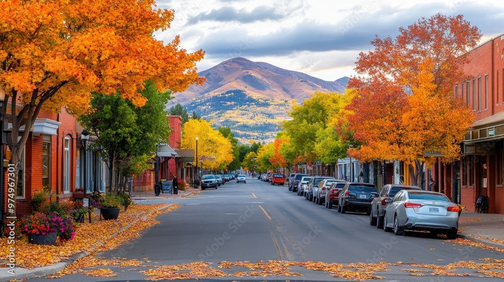 A picturesque street in Telluride, Colorado is lined with trees displaying vibrant autumn colors, while cars are parked along both sides and mountains rise in the background