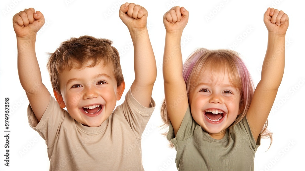 Two joyful children stand side by side with hands above their heads, both smiling widely. The boy wears an olive green T-shirt while the girl is dressed in a pink shirt and beige capris Two joyful children stand side by side with hands above their heads, both smiling widely. The boy wears an olive green T-shirt while the girl is dressed in a pink shirt and beige capris