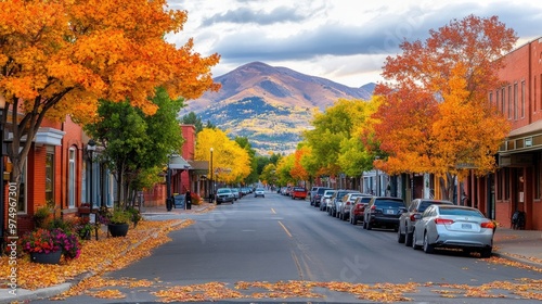 Fototapeta Naklejka Na Ścianę i Meble -  A picturesque street in Telluride, Colorado is lined with trees displaying vibrant autumn colors, while cars are parked along both sides and mountains rise in the background