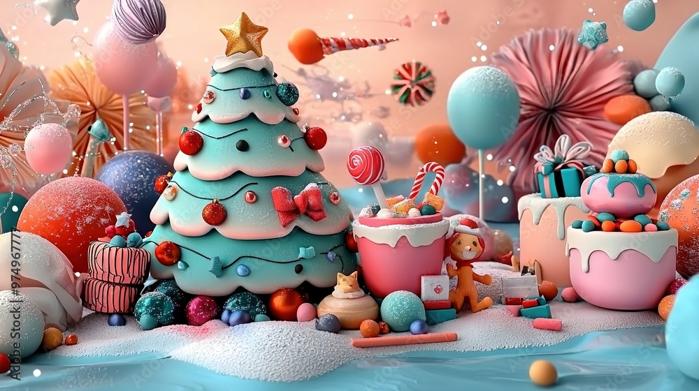 A vibrant Christmas tree with candies and sweets surrounds the festive room with balloons and confetti A vibrant Christmas tree with candies and sweets surrounds the festive room with balloons and confetti
