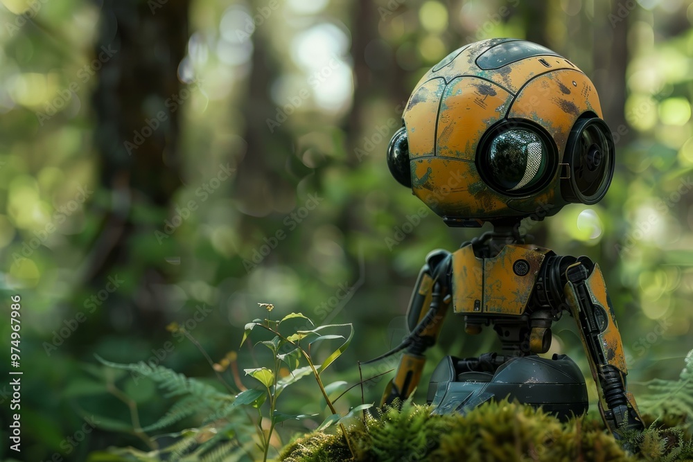 Small yellow and black robot sitting on a bed of moss in a forest