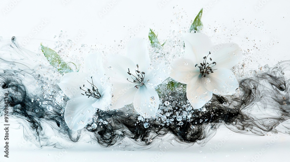 A cluster of white blooms on a dark-and-white smoke backdrop against a white canvas A cluster of white blooms on a dark-and-white smoke backdrop against a white canvas