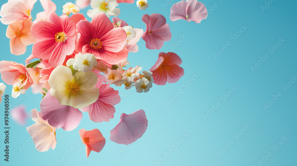 Delicate pink flowers floating against a vibrant blue background, symbolizing spring freshness, beauty in motion, and natural elegance in a minimalistic setting. Delicate pink flowers floating against a vibrant blue background, symbolizing spring freshness, beauty in motion, and natural elegance in a minimalistic setting.