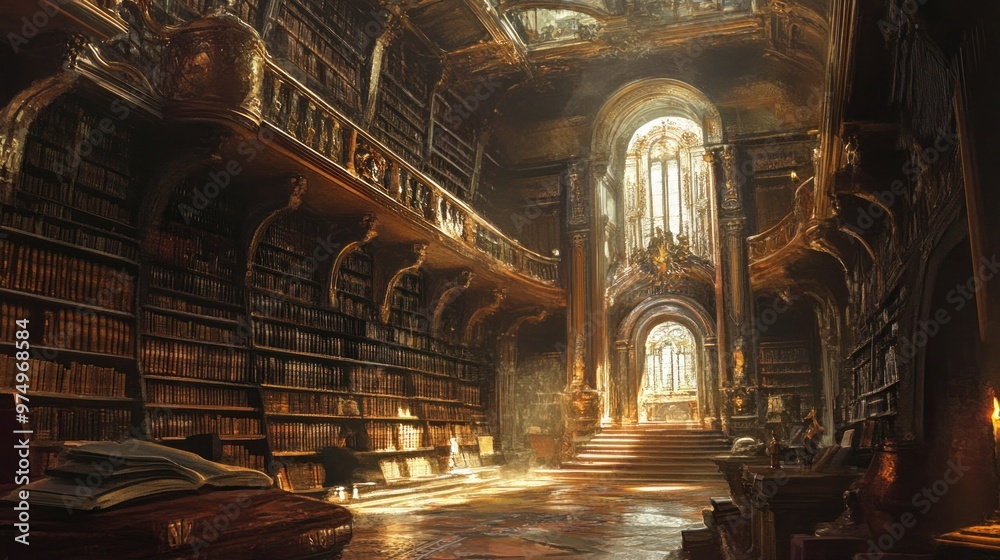 A Dusty, Sunlit Library with Bookcases and Arched Windows A Dusty, Sunlit Library with Bookcases and Arched Windows