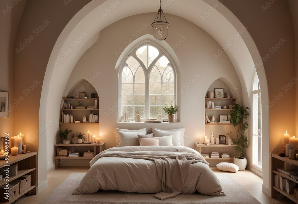 a bedroom with a bed, a window, and a window with a view of the outside.