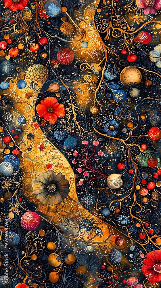 A woman's face in a painting, surrounded by flowers and colorful elements on a dark background The palette includes shades of red, yellow, orange, and blue A woman's face in a painting, surrounded by flowers and colorful elements on a dark background The palette includes shades of red, yellow, orange, and blue