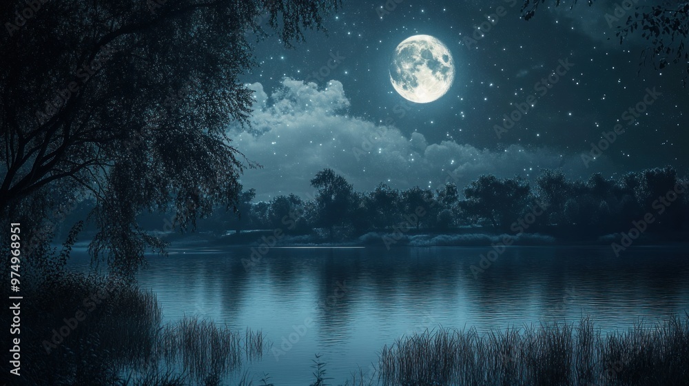 Tranquil Nighttime Landscape with a Full Moon and a Serene Lake Tranquil Nighttime Landscape with a Full Moon and a Serene Lake