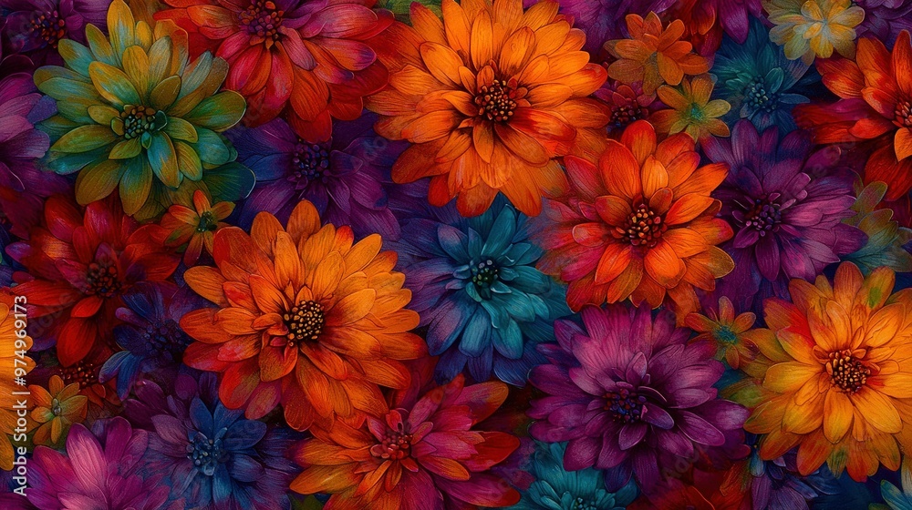A vibrant bouquet of colored flowers against a multi-colored backdrop of wallpaper A vibrant bouquet of colored flowers against a multi-colored backdrop of wallpaper