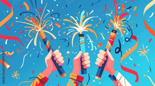 Hand holding firecracker design, with colorful ribbons and fireworks in the background, illustrative of a festive celebration. The color scheme is bright blue and red