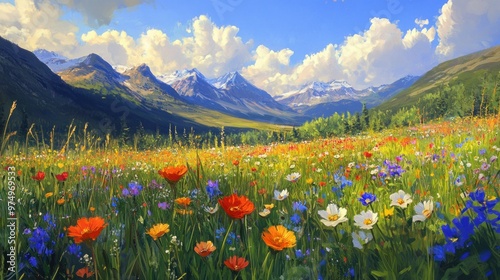 A Colorful Wildflower Meadow in Front of a Mountain Range