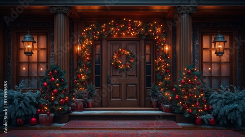 Beautifully Decorated Front Door with Christmas Wreath and Garlands Glowing in Warm Lights for a Festive Holiday Welcome