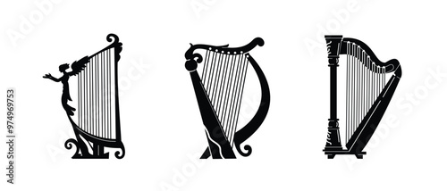 Set Stringed musical instrument classic, logo illustration harp silhouette suitable for music stores and communities	
