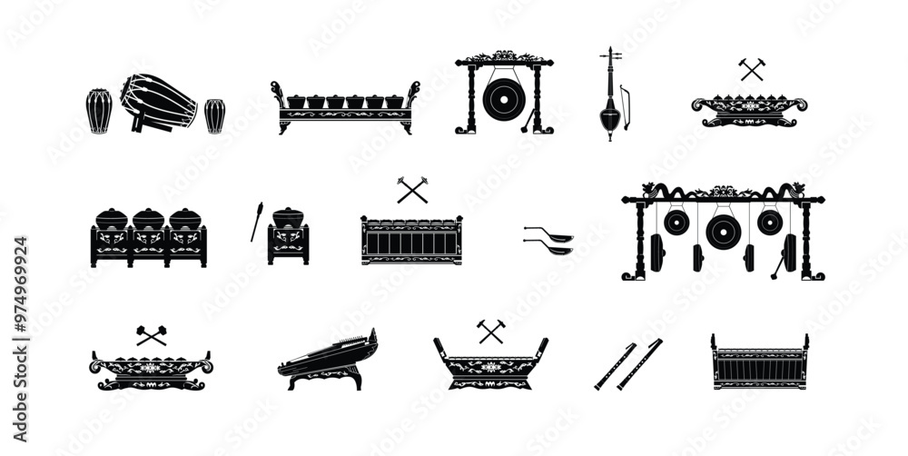 Set of illustrations of traditional Indonesian musical instruments, logos of silhouettes of various types of gamelan instruments, suitable for music stores and communities Set of illustrations of traditional Indonesian musical instruments, logos of silhouettes of various types of gamelan instruments, suitable for music stores and communities