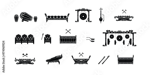 Set of illustrations of traditional Indonesian musical instruments, logos of silhouettes of various types of gamelan instruments, suitable for music stores and communities photo