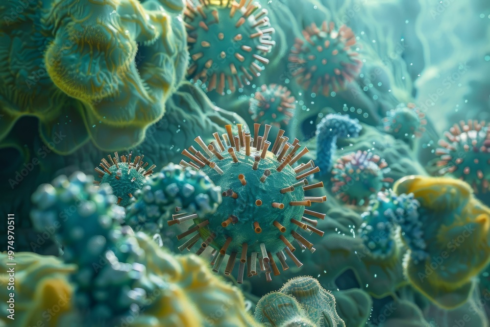 Microscopic view of coronavirus covid 19 cells floating through a human body attacking cells Microscopic view of coronavirus covid 19 cells floating through a human body attacking cells
