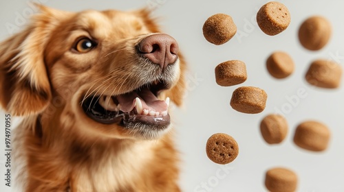 Happy dog excitedly looks at pet food flying in the air on plain background. Delicious treats. photo