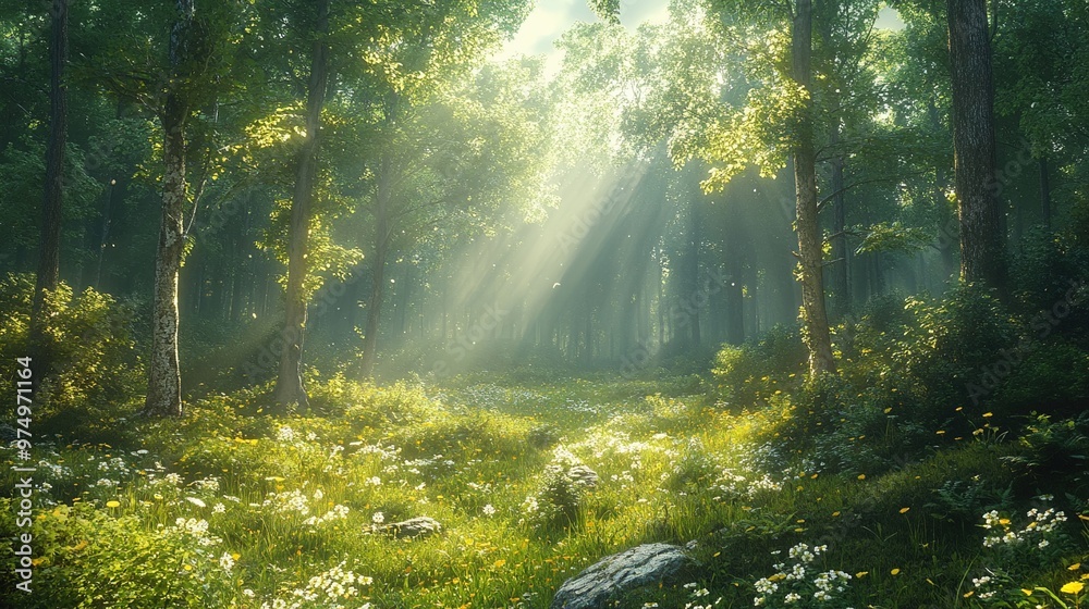 Obraz premium A peaceful forest clearing bathed in sunlight