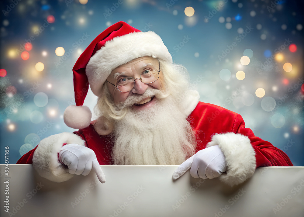 Smiling Santa Claus pointing on blank advertisement banner background with copy space Smiling Santa Claus pointing on blank advertisement banner background with copy space