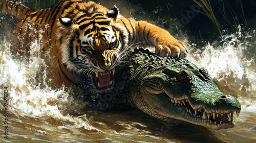 Tiger Attacking Crocodile in Watery Clash