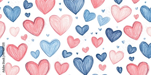 Seamless pattern of blue and pink hand-drawn hearts on white background.