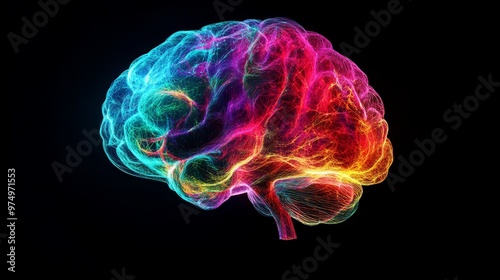Multicolored neural network brain illustration on black background, concept of artificial intelligence