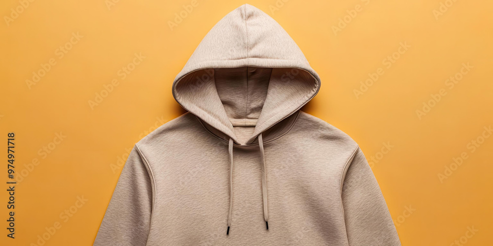 Stylish beige hoodie with a spacious hood and drawstrings, set against a vibrant yellow background. Perfect for casual wear. Stylish beige hoodie with a spacious hood and drawstrings, set against a vibrant yellow background. Perfect for casual wear.