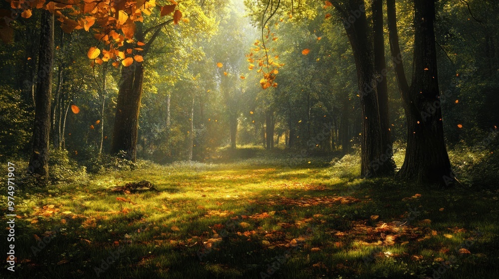 Obraz premium Sunlight Filtering Through Trees in a Forest with Falling Autumn Leaves