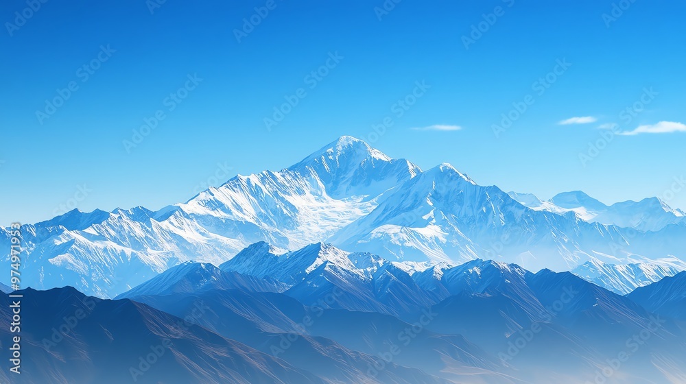 Obraz premium Snowcapped mountains under a clear blue sky, winter weather, cold and majestic